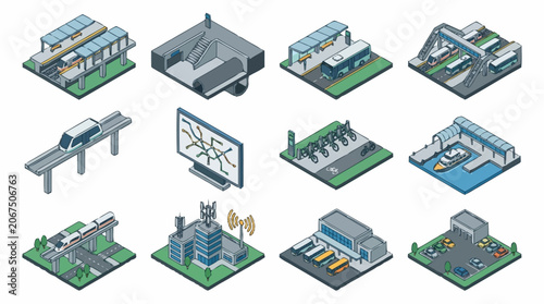 Collection of isometric vector illustrations of various transportation hubs and infrastructure elements.