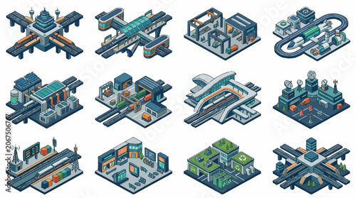 Collection of isometric futuristic city buildings and transportation hubs in pixel art style.