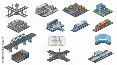 Isometric illustration of various transportation and urban infrastructure elements.