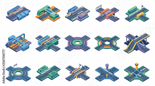 Collection of isometric futuristic transportation hubs and intersections.