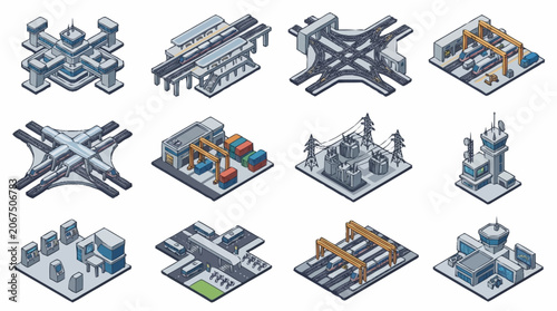 Isometric illustrations of various industrial and transportation buildings and structures.