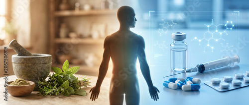 Human health concept blending Ayurveda and modern medicine, illustrating integrative healthcare, treatment balance, natural remedies, and clinical science in a seamless visual composition.