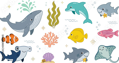 Canvastavla Cute Ocean Animals Collection Featuring Whale Dolphin Sharks Stingray Tropical F