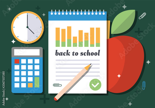 School Supplies Illustration With Clock Apple And Calculator On Green Background