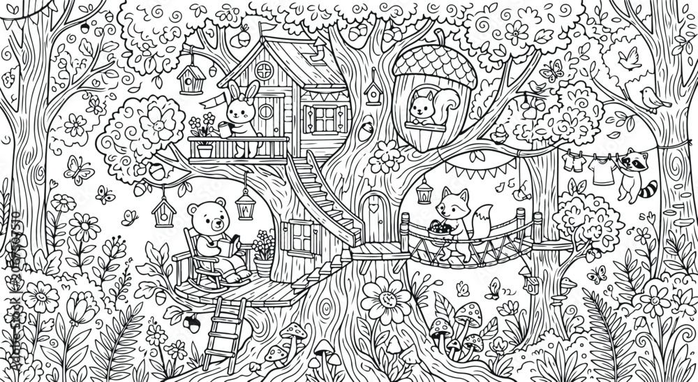 Obraz premium Woodland Animal Treehouse Coloring Page Illustration for Kids