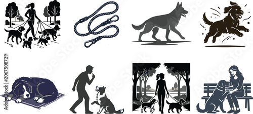 Foto Dog walking and training vector illustrations set featuring professional walkers
