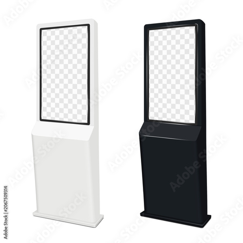 Touch screen self-service digital kiosk isolated. White, black. 3d mockup. Floor interactive display stand. Touchscreen LED LCD monitor panel. Realistic vector mock-up. Template for design