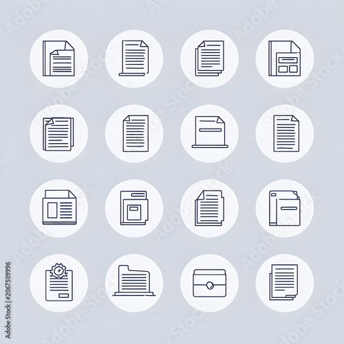 Document and file management icons set displaying various papers, forms, folders, and reports for office administration, data organization, and digital archive concepts
