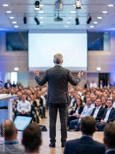 A suited man delivers a speech to a large audience in a modern conference setting.