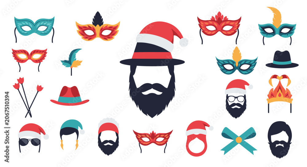 Obraz premium Variety of festive party masks, hats, beards, and glasses used for masquerades, Christmas, and carnival celebrations.