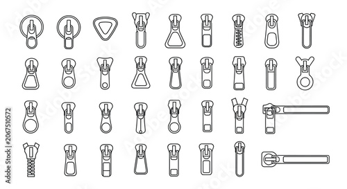 Highly detailed collection of various zipper puller styles and sliders shown in clean black and white outline icons.
