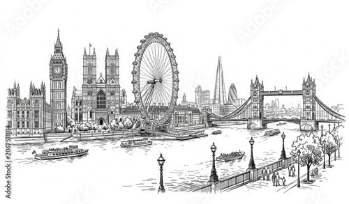 London City Skyline Hand Drawn Engraving Sketch Vector Illustration