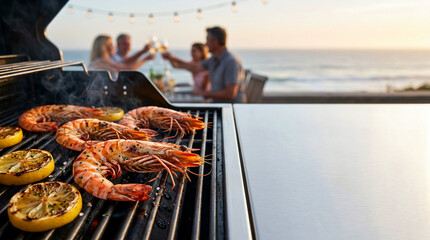 Close-up shot of tiger prawns cooking on hot barbecue grill for backyard grilling family celebration with blurred people on beachside patio dining table in photo