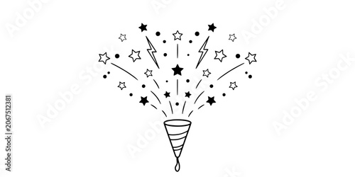 Party Popper with Stars and Lightning Bolts Bursting Out of It in a Black and White Illustration Featuring Celebration, Vector, Festive with Confetti