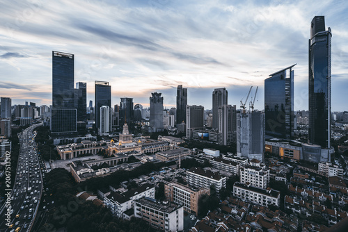 Photography Shanghai CBD Skyline at Dusk with Modern Skyscrapers and Historic Architecture