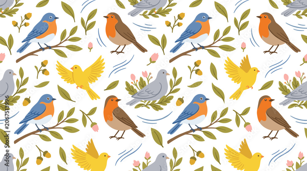Obraz premium Cute Songbirds Seamless Pattern Featuring Robins Bluebirds Doves and Flying Birds with Botanical Nature Illustrations