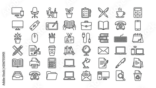 Foto Comprehensive modern lineart icons representing diverse office business technolo