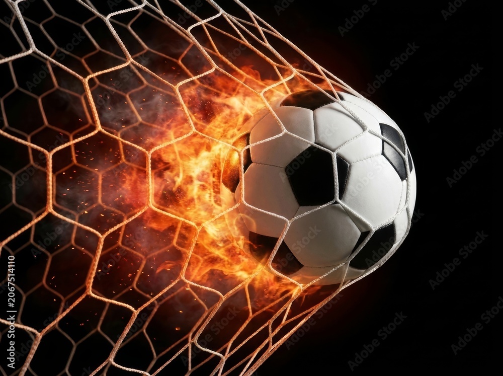 Fototapeta premium Dramatic image of soccer ball in net with flaming effects, highlighting intense action.