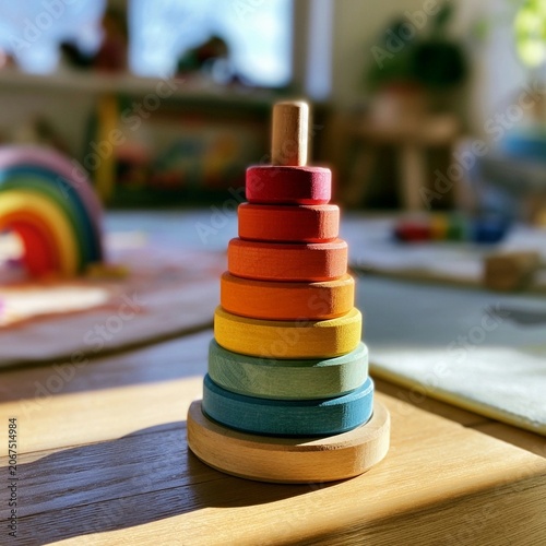 Colorful wooden rings stacked in a tower