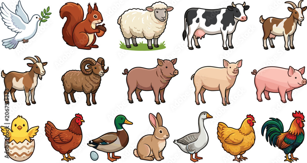 Fototapeta premium Cute Farm Animal Vector Illustration Set with Cow Sheep Pig Chicken Goat Duck and Countryside Livestock Design Elements