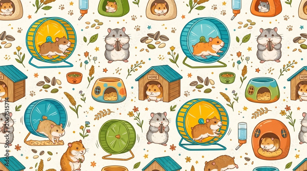 Fototapeta premium Colorful Hamster Habitat Seamless Pattern Featuring Running Wheels Cozy Homes Food Bowls and Cute Cartoon Rodents