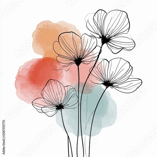 Watercolor blooms with delicate line art stems