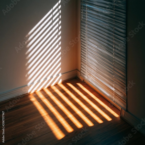 Sunlight streams through blinds, casting stripes across floor and wall