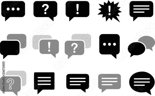Speech bubble icons set chat, message, and communication vector symbols with question mark, exclamation point, ellipsis, and text lines
