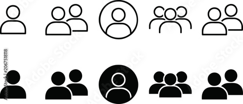 User profile icon set vector illustration of outline and solid person, group, team, and account symbols for web and mobile ui design