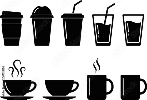 Drink and coffee cup icon set vector silhouettes of mugs, glasses with straws, disposable cups, and teacups with steam