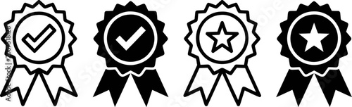 Quality guarantee ribbon badge icons set with checkmark and star symbols certified, approved, and premium quality vector signs