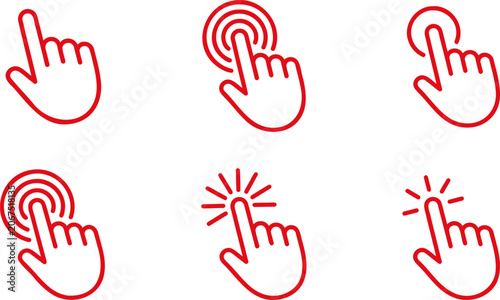 Set of red outline hand cursor icons showing click and tap gestures