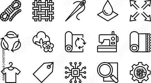 Textile and fabric industry line icons set sewing, garment manufacturing, sustainable fashion, smart textiles, and clothing material vector symbols