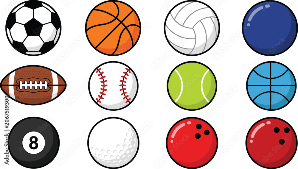 Obraz premium Sports balls vector icon set isolated on white background athletic equipment collection for games and competitive activities