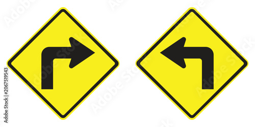 W1-1R and W1-1L Left and Right Turn Warning Signs Set, Yellow Diamond Traffic Safety Road Signs Vector Illustration