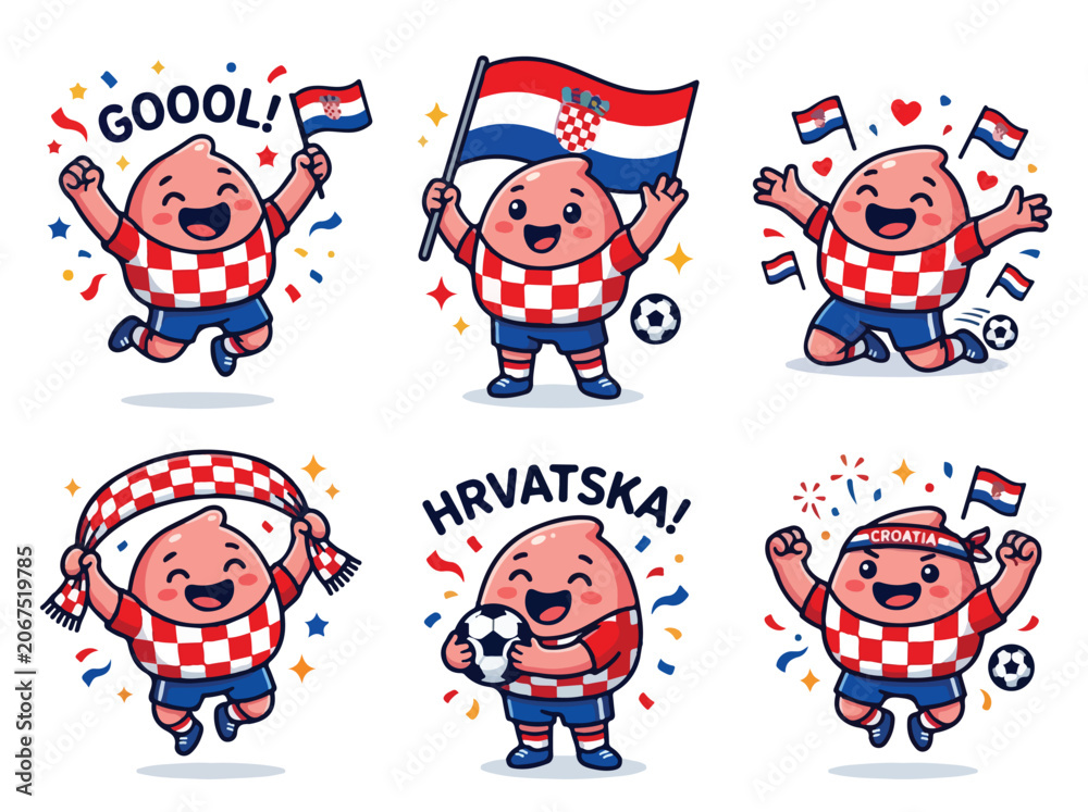 Naklejka premium Cute cartoon characters celebrating with flags and joyful expressions in a festive patriotic scene