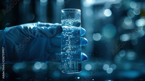 Blue-gloved hand holds test tube of clear water against blurred laboratory backdrop. Scientist is testing water quality to develop environmental protection concept.