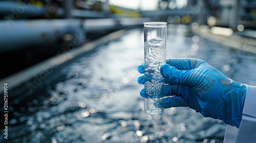 Blue-gloved hand holds pipette filled clear water against blurred wastewater treatment plants. Scientist is testing water quality to develop environmental protection concept.