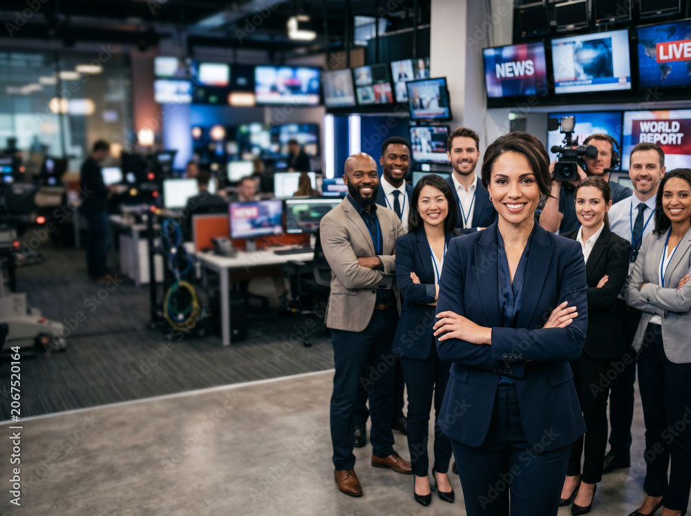 Fototapeta premium Diverse television newsroom team standing in modern broadcast studio, led by female news anchor, with journalists, producers, camera operators, and media professionals.