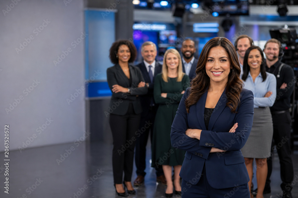 Fototapeta premium Diverse television newsroom team standing in modern broadcast studio, led by female news anchor, with journalists, producers, camera operators, and media professionals.