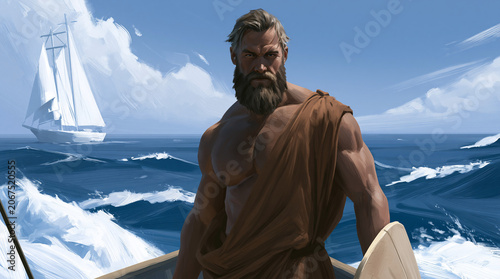 A powerful digital illustration of the legendary Greek hero Odysseus standing on a ship during his long odyssey, featuring a muscular bearded man in ancient robes on a rough blue sea with a white s...