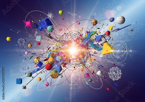 Abstract digital explosion of colorful geometric shapes and particles.