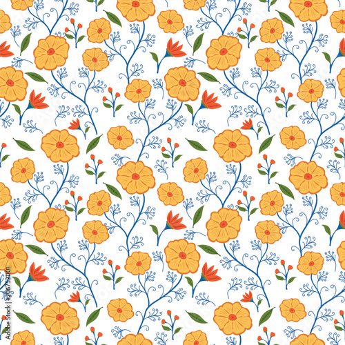 Seamless Floral Vector Pattern with Orange Yellow Flowers Blue Vines and Red Tulip Buds on White Background for Textile Fabric Wallpaper Wrapping Paper and Surface Pattern Design