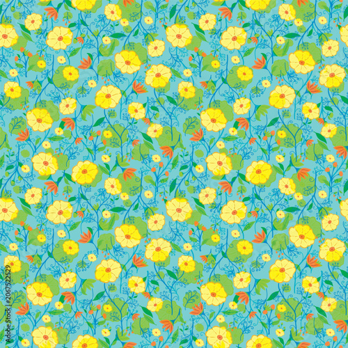  Seamless Floral Vector Pattern with Yellow Flowers Blue Vines Green Leaves and Orange Accents on Turquoise Blue Background for Textile Fabric Wallpaper and Surface Pattern Design