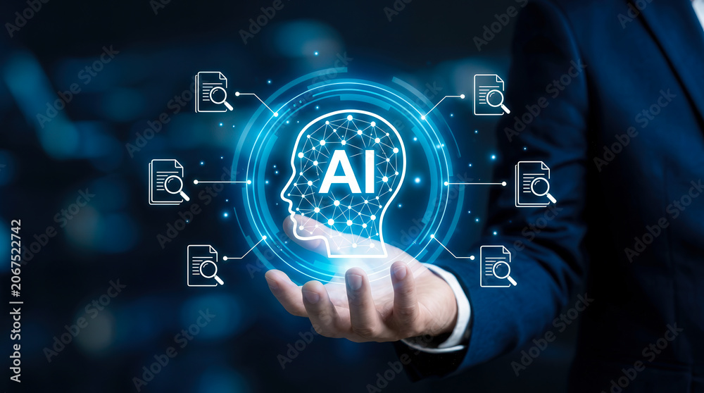 Fototapeta premium Businessman holding glowing artificial intelligence hologram representing document search and smart data analysis technology