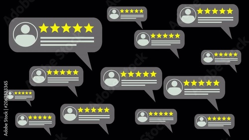 Customer reviews with star ratings featuring animated balloons and flat avatars for a customer feedback concept on a transparent background. 4K alpha channel