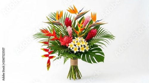 Vibrant Tropical Flower Bouquet Featuring Exotic Bird of Paradise Heliconia and Fragrant Plumeria Arranged for Elegant Summer Floral Decor