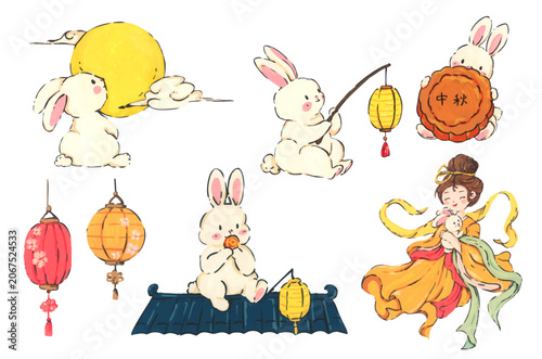 Mid Autumn rabbit illustration set, cute bunny character with mooncake and lantern, Chinese moon festival celebration, traditional oriental culture symbol, whimsical hand drawn greeting card design.