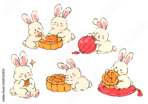 Mid Autumn rabbit illustration set, cute bunny character with mooncake and lantern, Chinese moon festival celebration, traditional oriental culture symbol, whimsical hand drawn greeting card design.