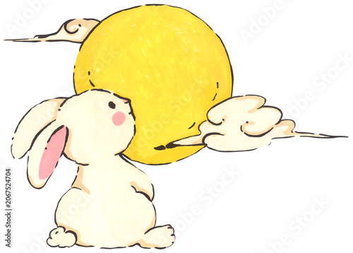 Mid Autumn rabbit illustration, cute bunny character, Chinese moon festival celebration, traditional oriental culture symbol, whimsical hand drawn greeting card design.